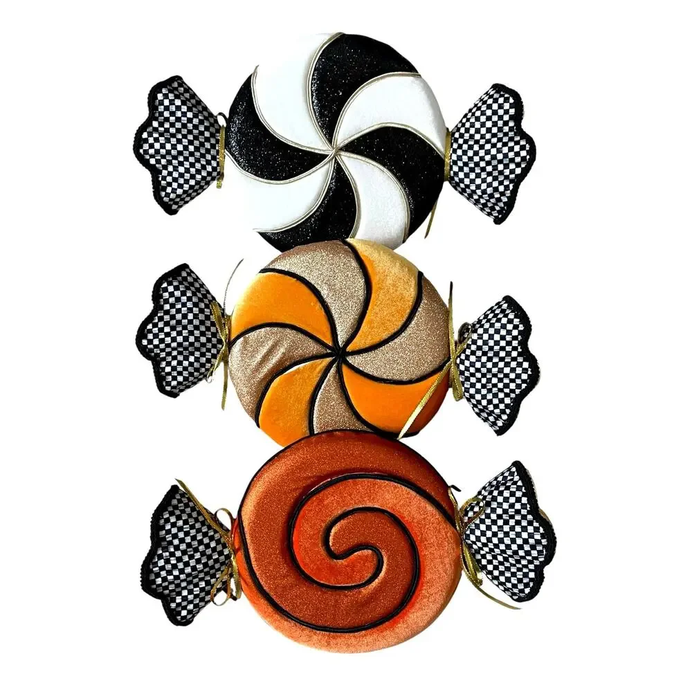 Mackenzie-Childs Trick or Treat Large Plush Candy Hanging Decor Set of 3 NEW
